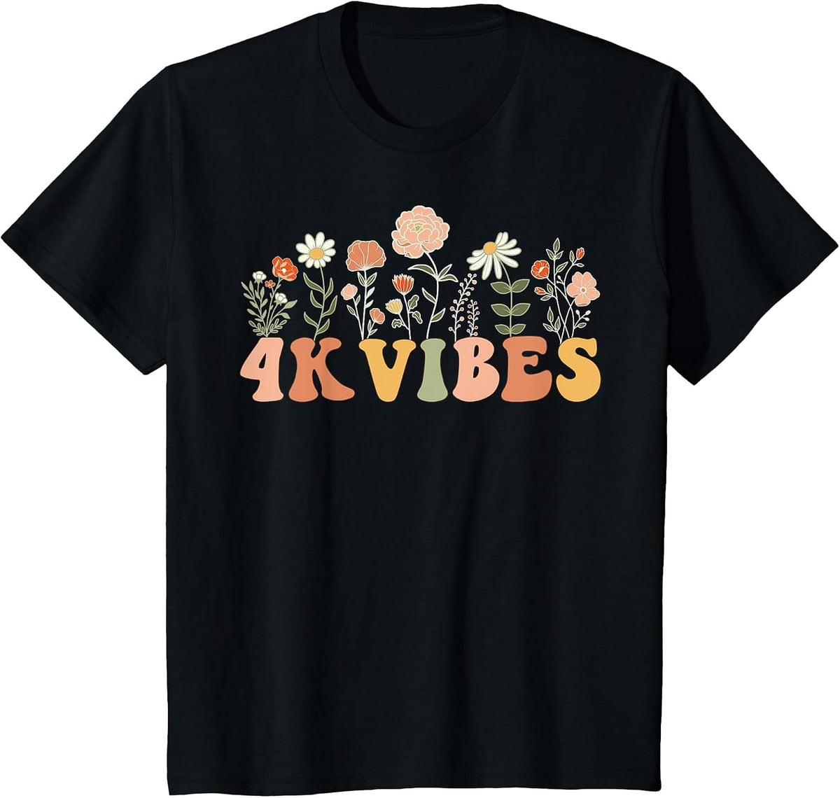 4K Vibes Wildflower Retro Teacher Daisy Kid Back to School T-Shirt - Black