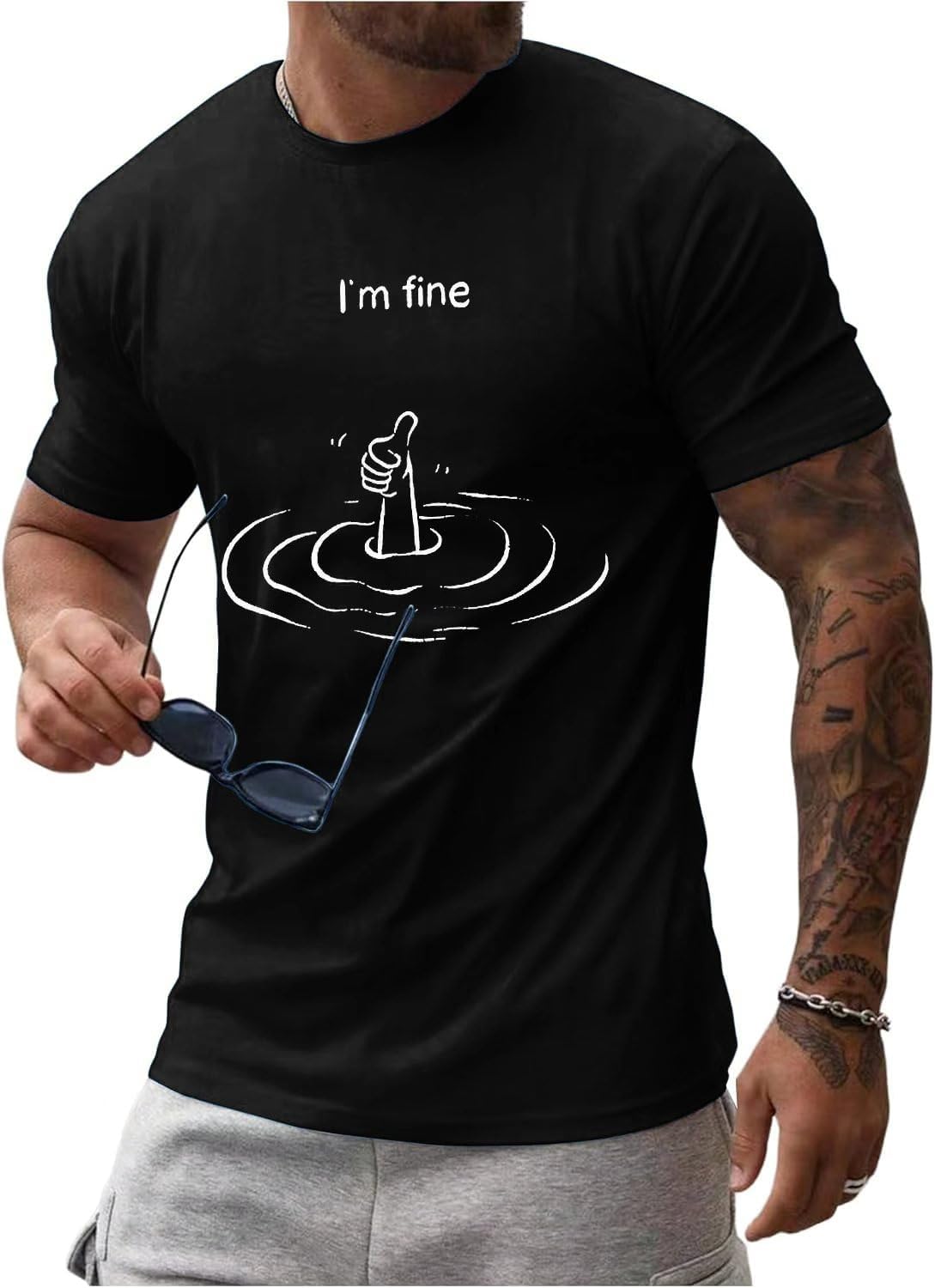Round Neck Graphic Tees for Men Summer Fall Short Sleeve T-Shirt Basis Tops Blouse - B7-black