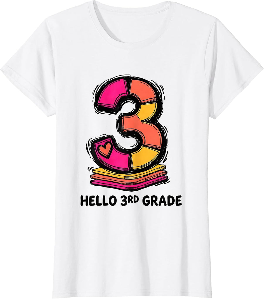 Women's Hello 3rd Grade Playful Leopard Teacher Student Back T-Shirt - White