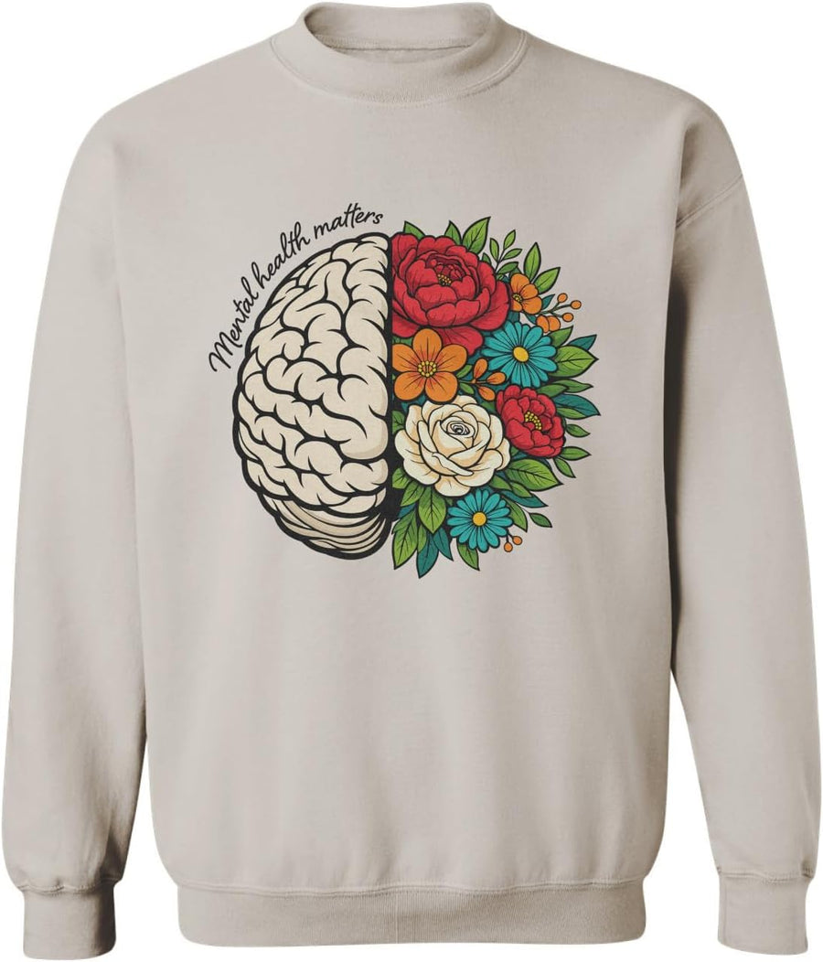 Mental Health Matters Floral Brain Graphic Unisex Crewneck Sweatshirt - Sand