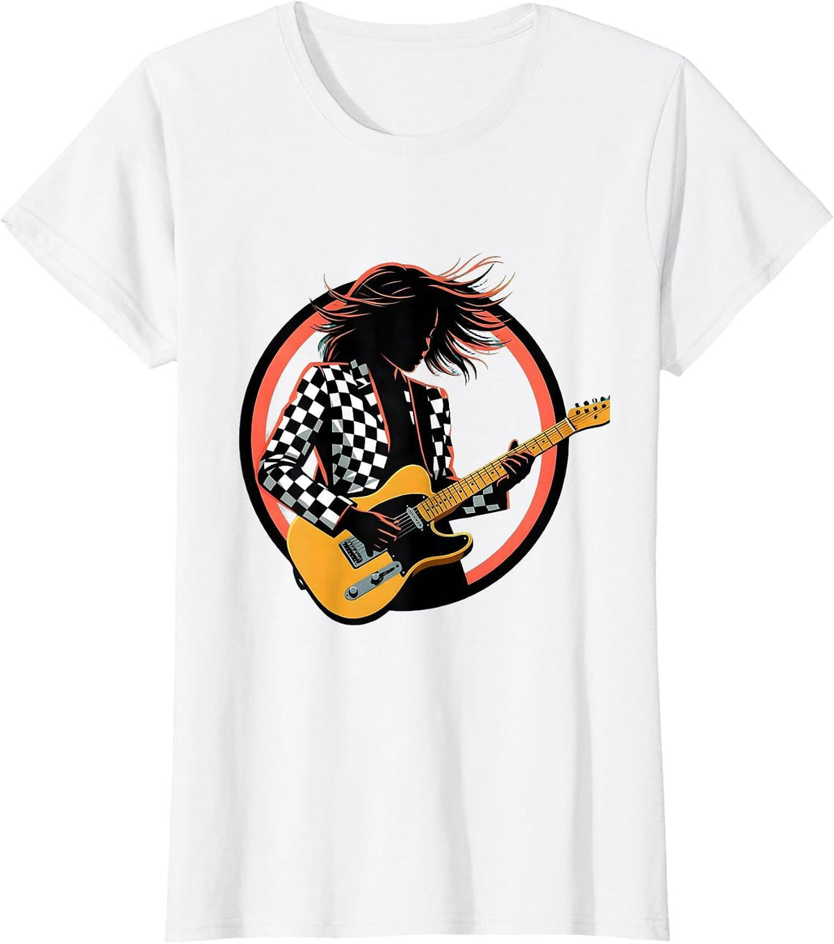Checkered Jacket Electric Guitar Player Graphic T-Shirt - White