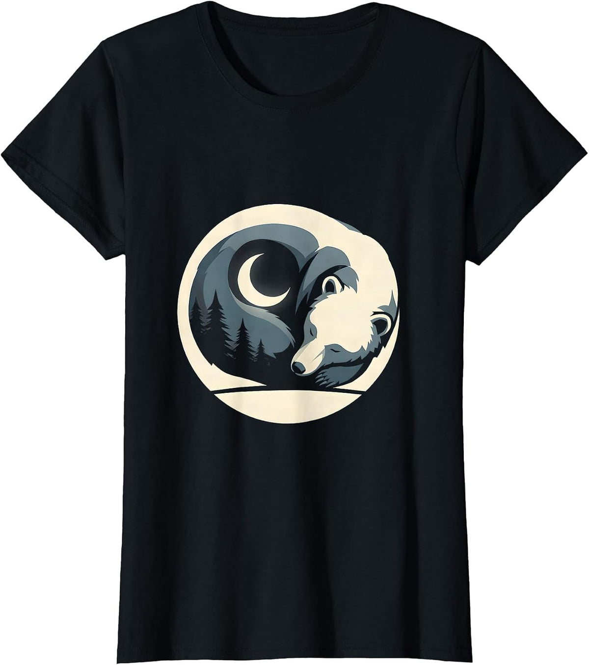 Women's Sleeping Bear Crescent Moon Celestial Night Art T-Shirt - Black