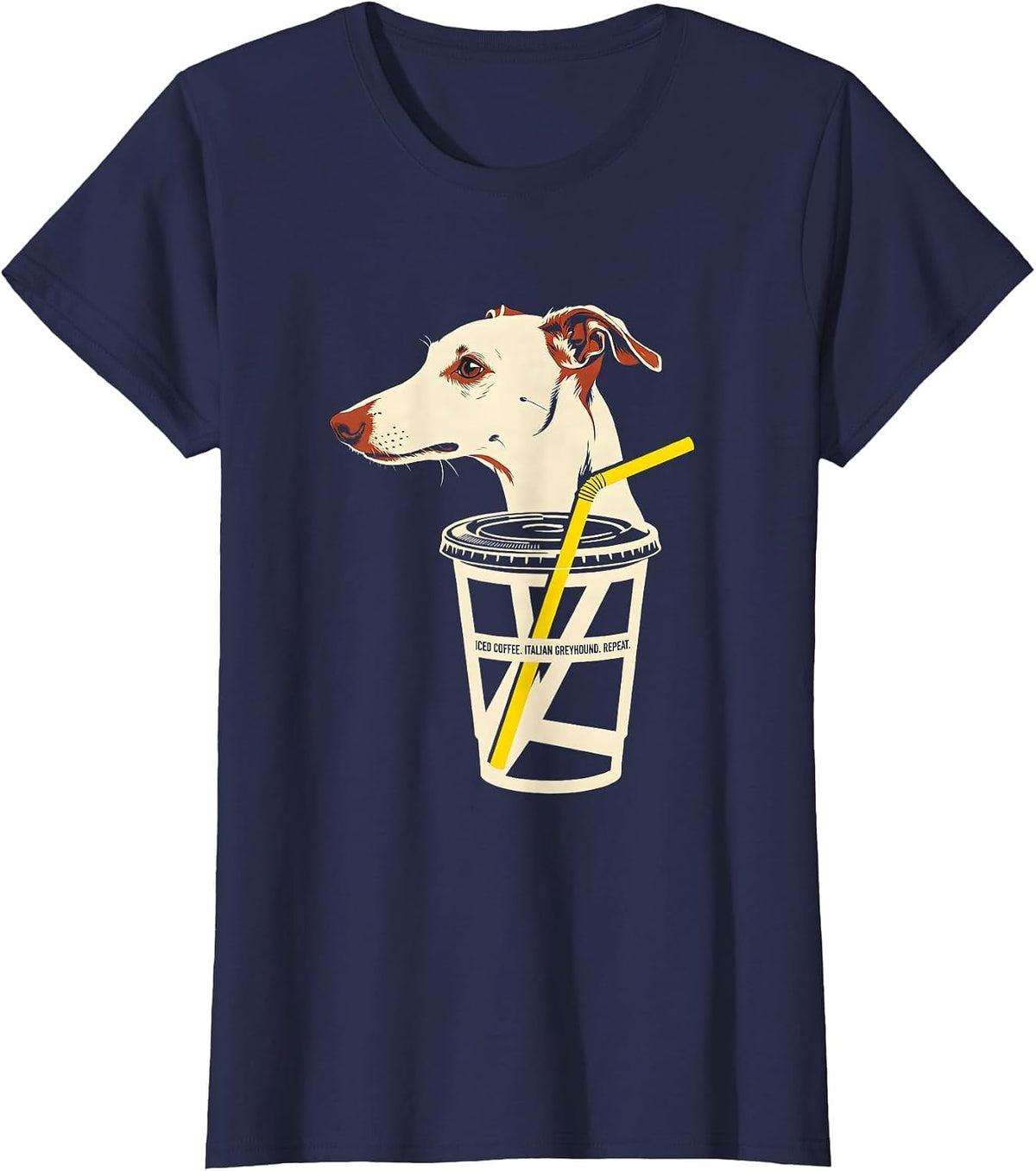 Women's Iced Coffee Italian Greyhound Repeat Dog Lover Humor T-Shirt - Navy Blue