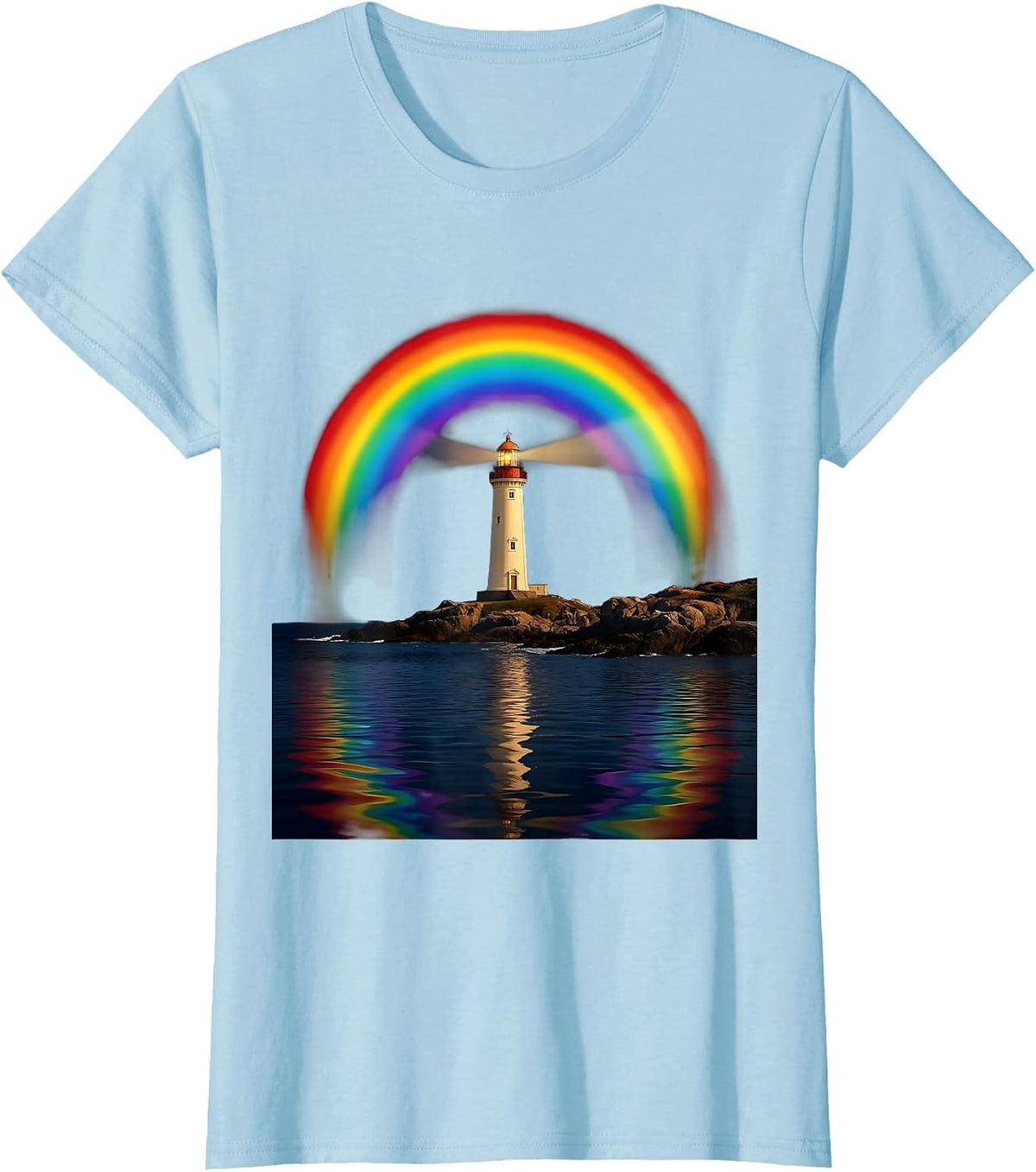 Autism Lighthouse Rainbow Beacon Dark Water Design T-Shirt - Baby Blue