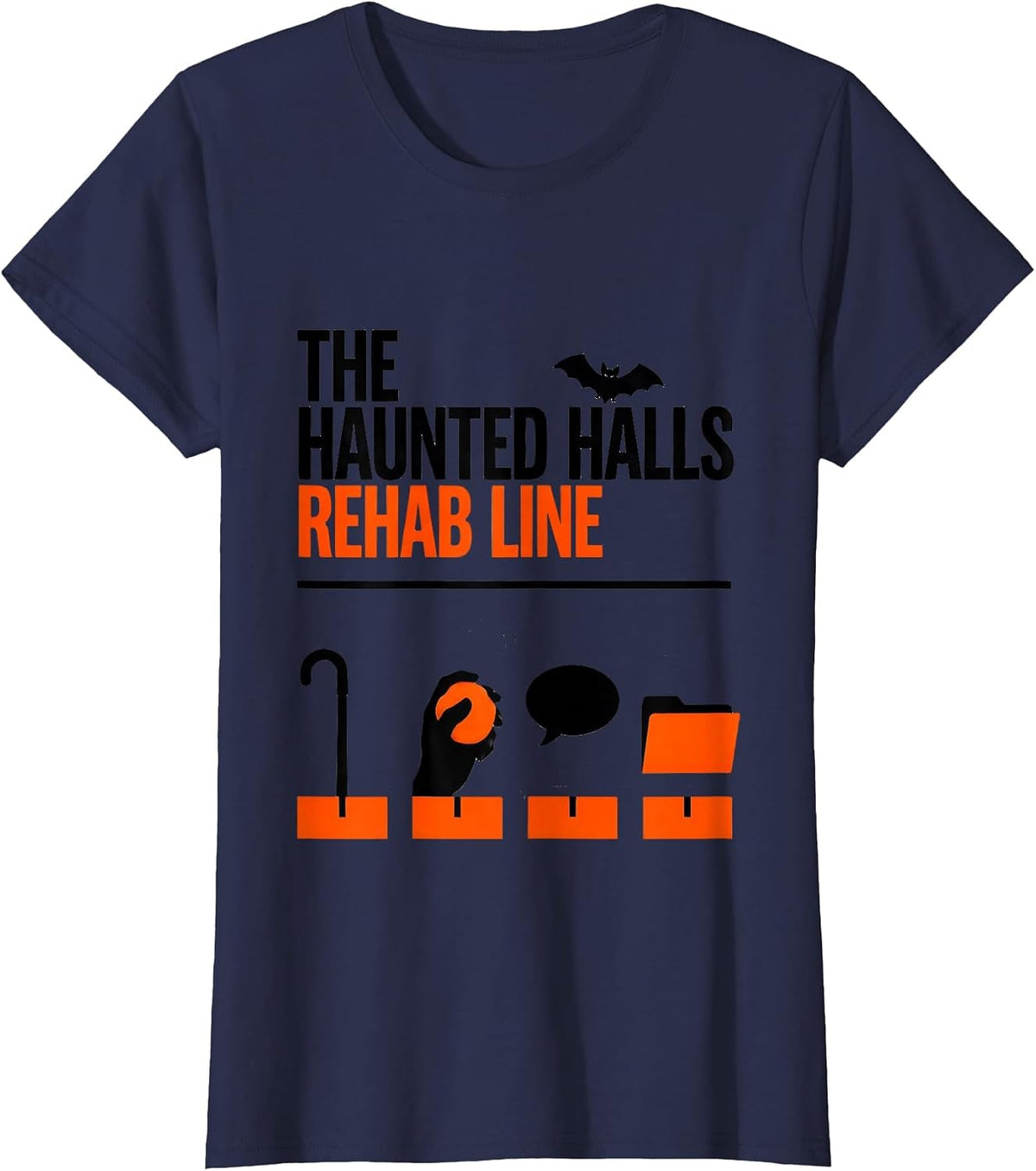 Women's The Haunted Halls Rehab Line Funny Physical Therapy T-Shirt - Navy Blue