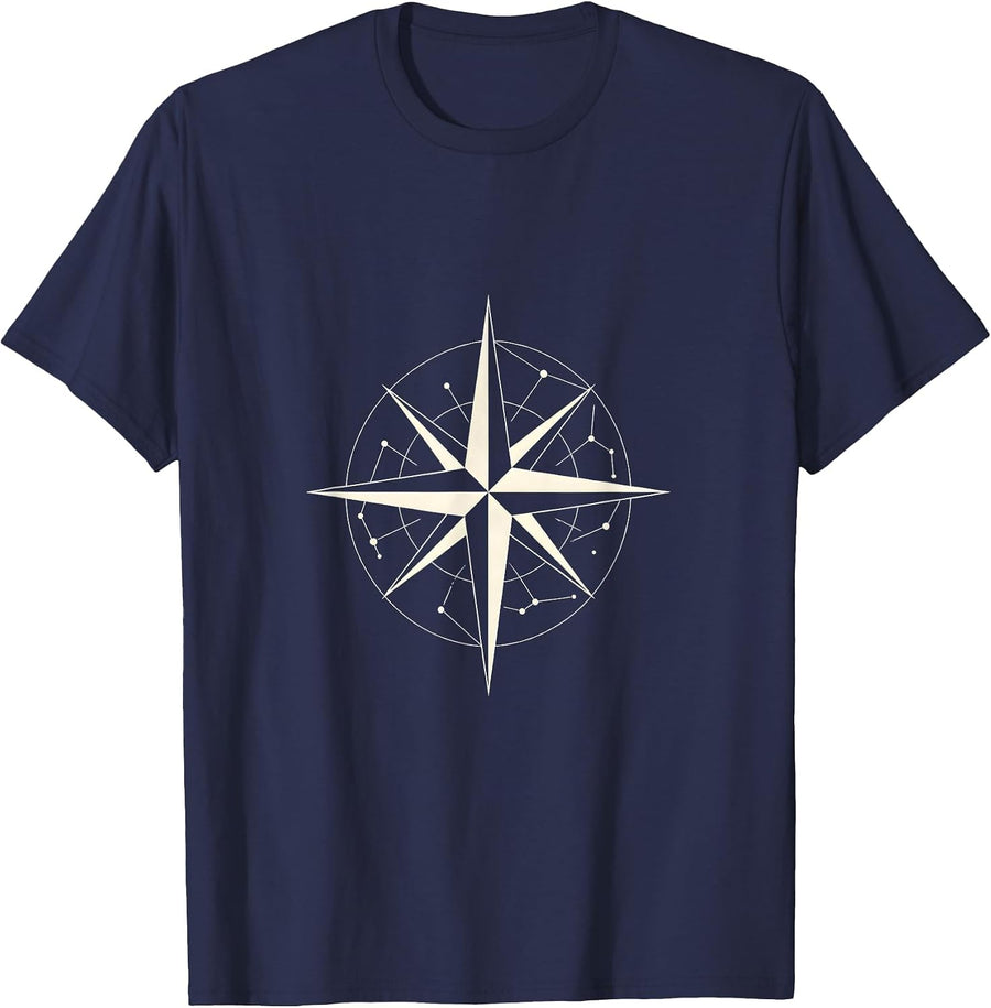 Compass Rose Star Chart Navigation Graphic T-Shirt - Navy Blue