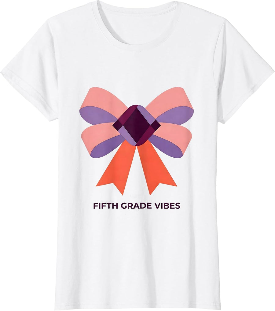 Women's Fifth Grade Vibes Quilt Block Patchwork Bow Back to School T-Shirt - White