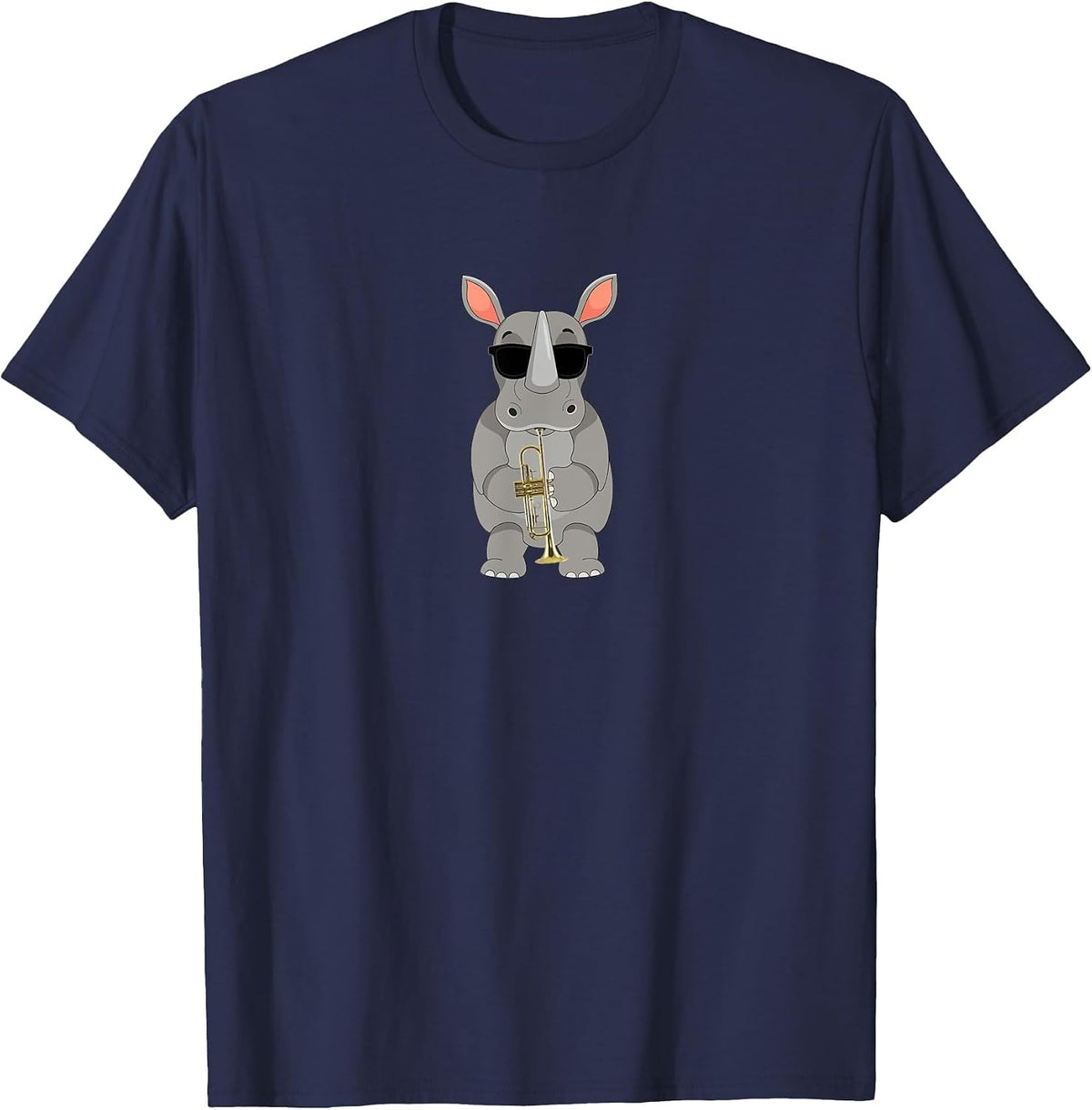 Funny Rhino Wearing Sunglasses Playing Trumpet T-Shirt - Navy Blue