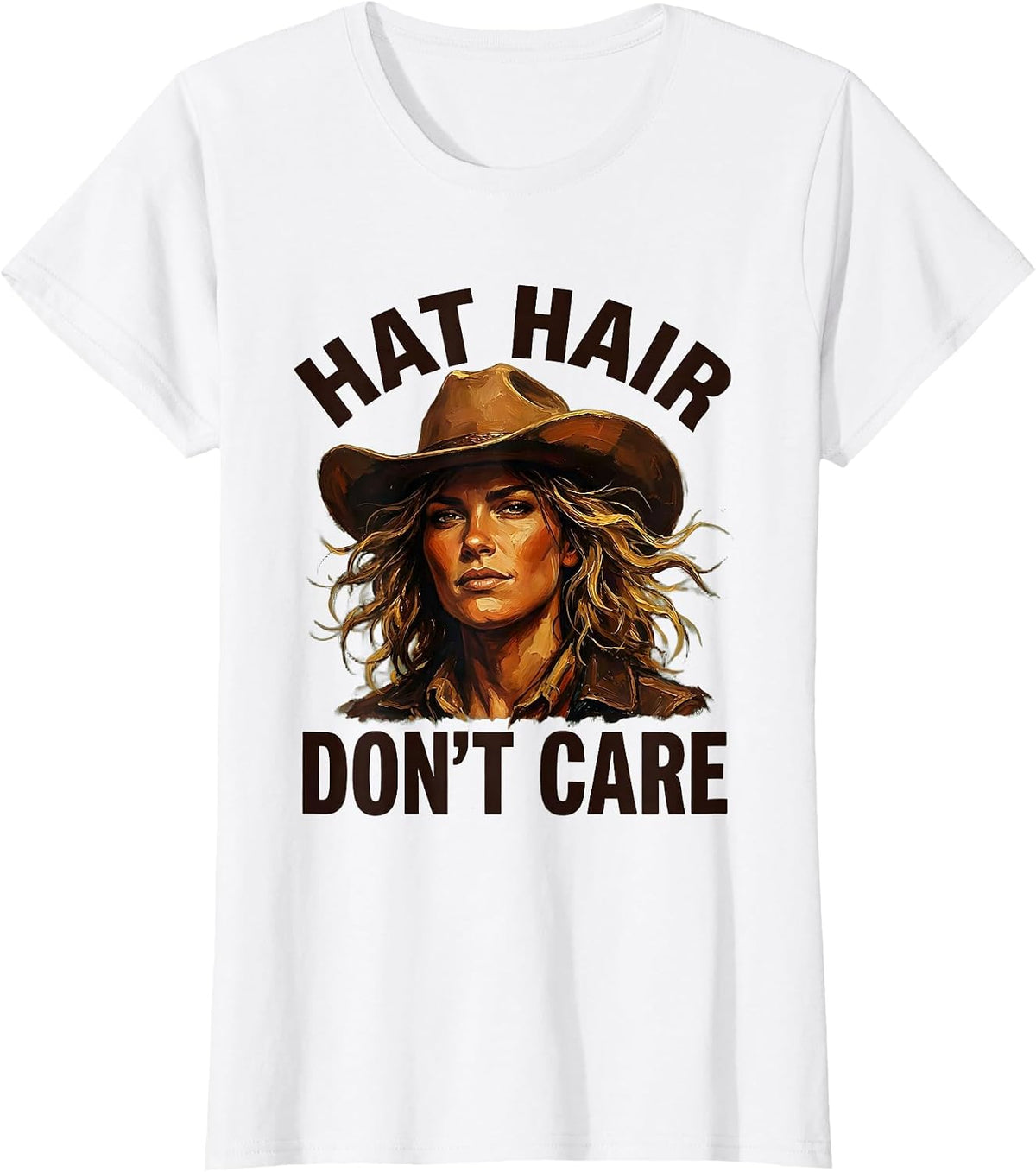 Hat Hair Don't Care Cowgirl Design T-Shirt - White