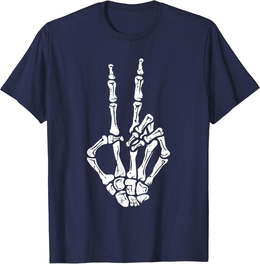 Skeleton Hand Peace Sign Halloween Costume Bones T-Shirt - Navy Blue