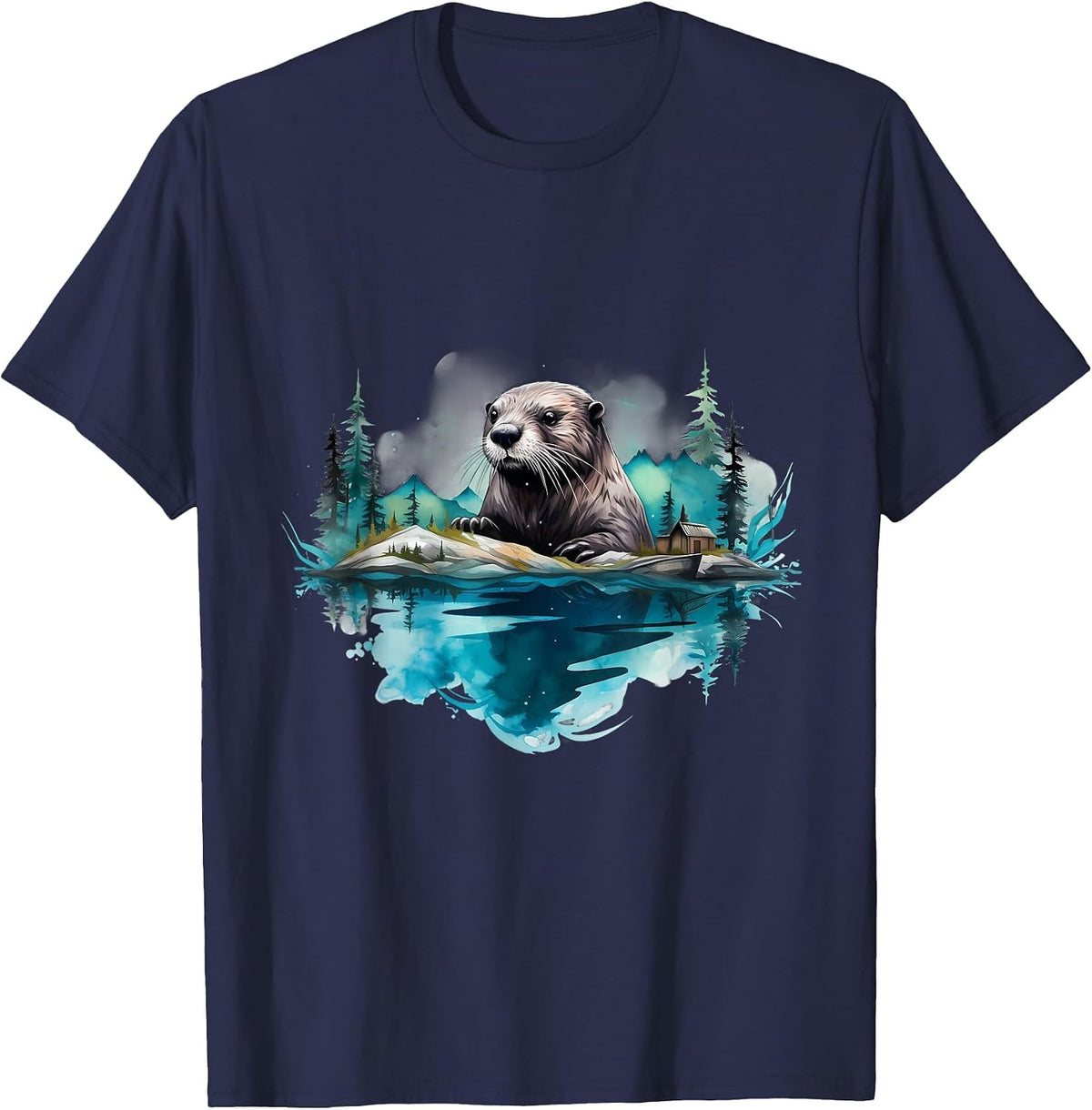 Otter Landscape Wildlife Nature Forest Artwork Motif T-Shirt - Navy Blue