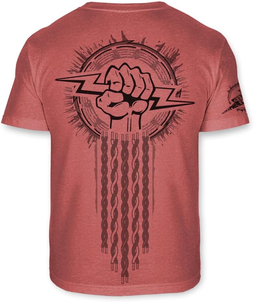 Electrician Logo T-Shirt - Electrical Worker Lightning Fist Tee - F300 - Heather Red (Medium Weight T-shirt)