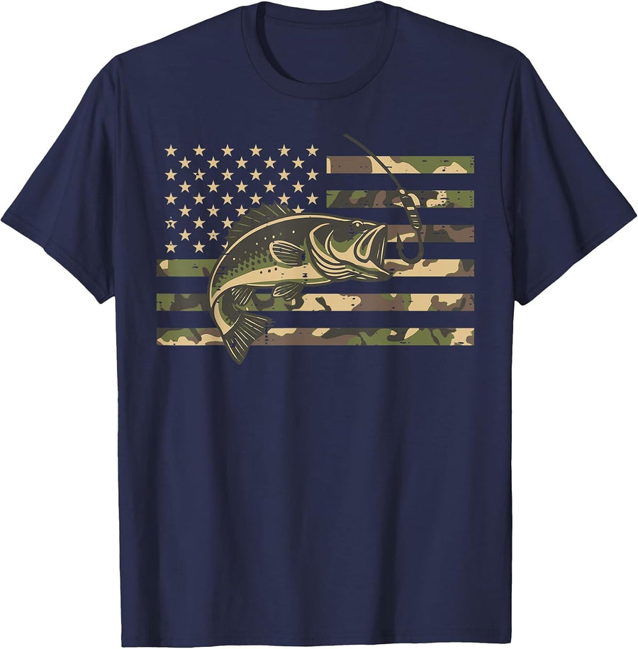 Fishing Bass US Camo Flag Angler Fisherman Men Women Kids T-Shirt - Navy Blue