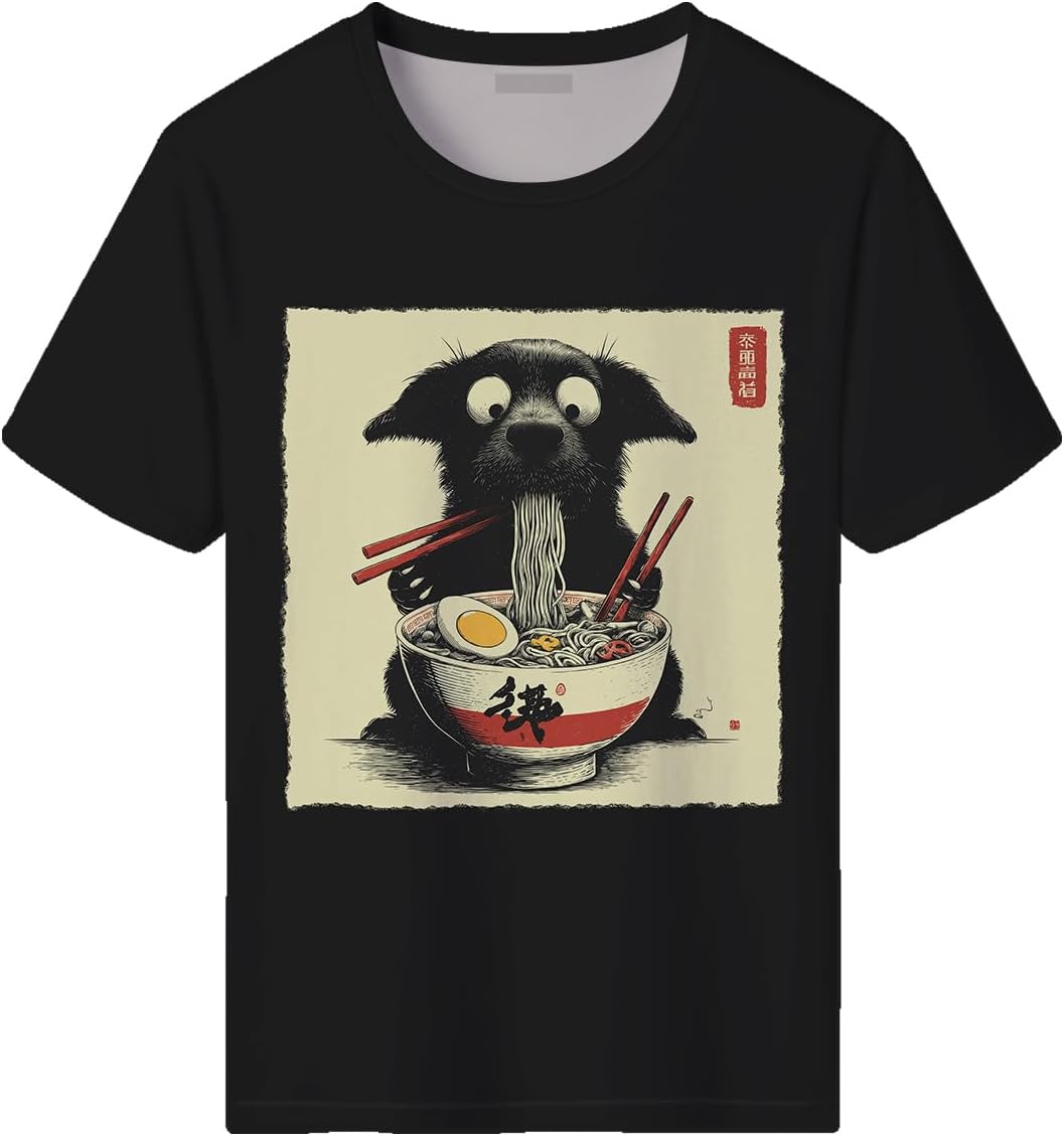 Men's Funny Dog Ramen Graphic T-Shirts Japanese Kawaii Anime Dog T-Shirt Casual Summer Tees - Black3