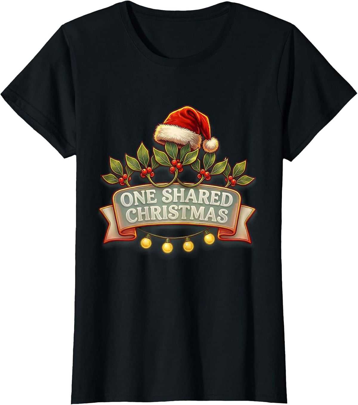 Women's One Shared Christmas Frosted Script Santa Hat Family T-Shirt - Black