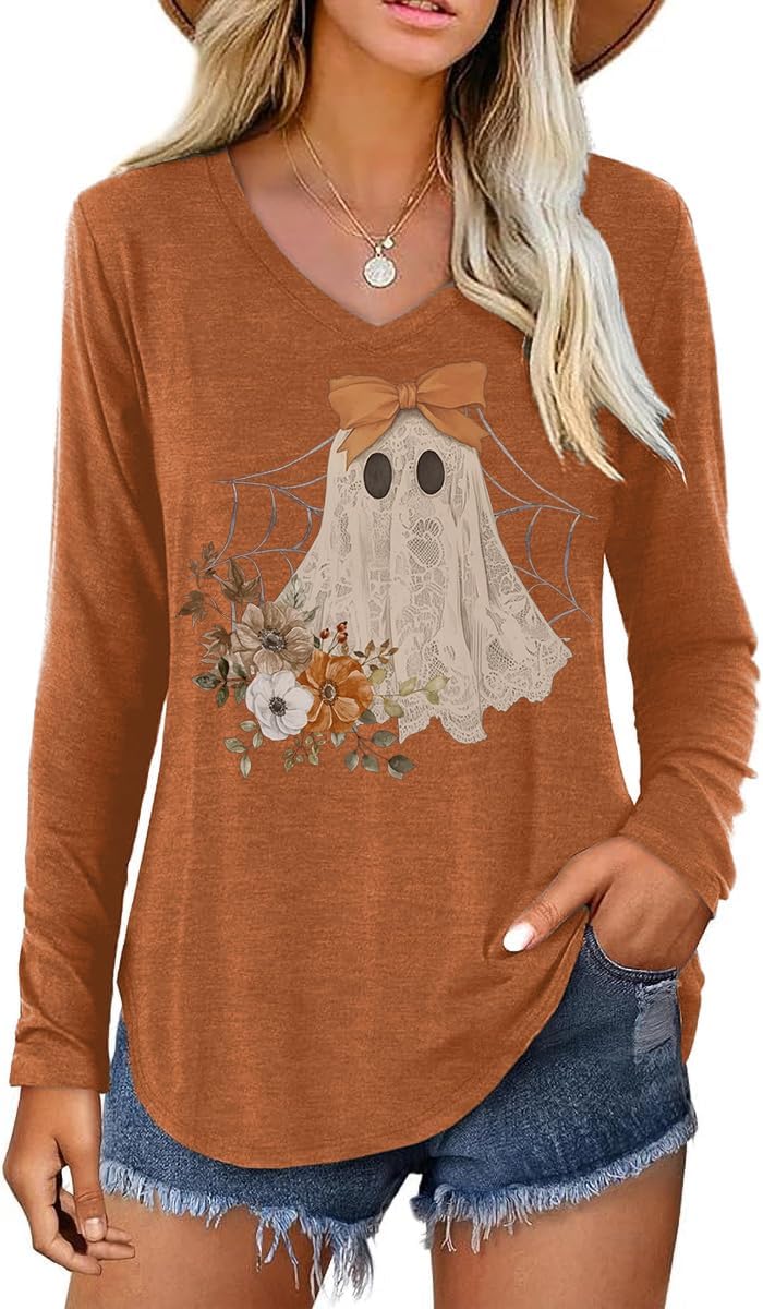Womens Halloween Thanksgiving Christmas Graphic Long Sleeve Shirt - Brown-ghost03