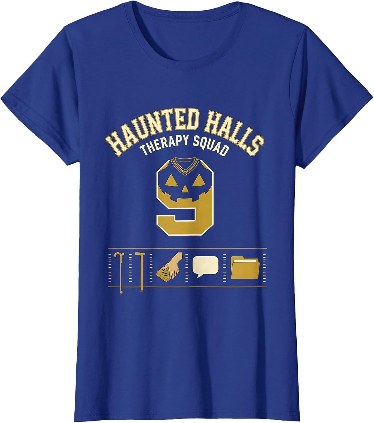 Women's Haunted Halls Therapy Squad Physical Therapy Halloween PT T-Shirt - Royal Blue