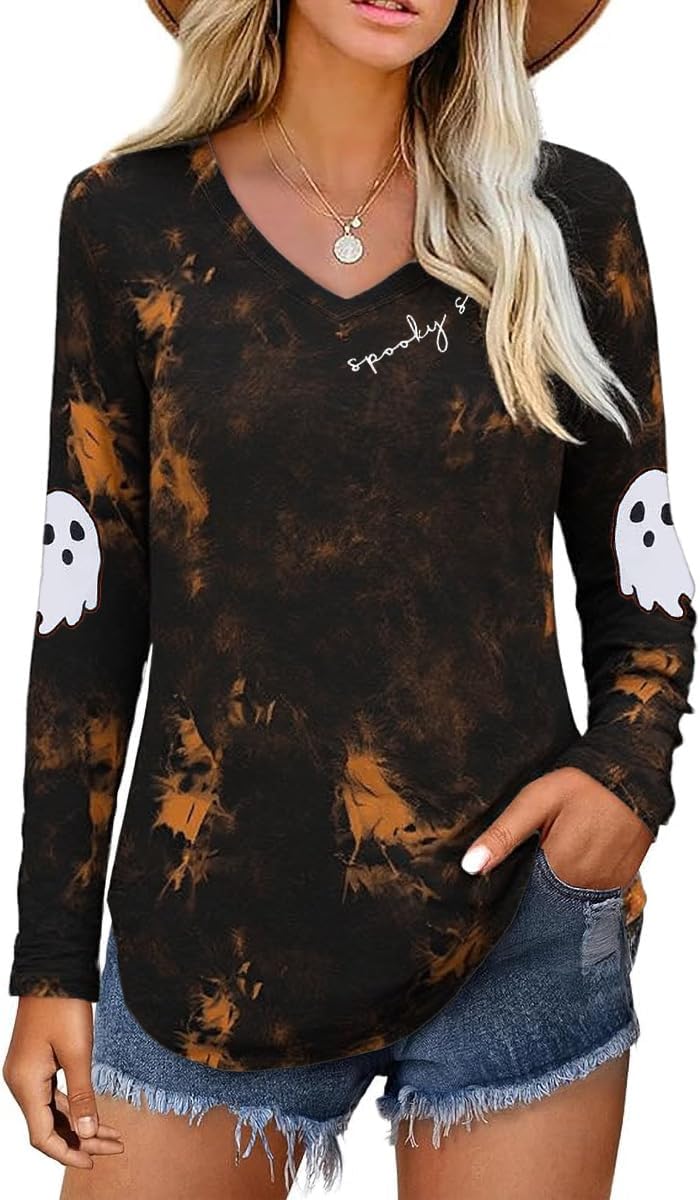 Womens Halloween Thanksgiving Christmas Graphic Long Sleeve Shirt - Black-ghost03