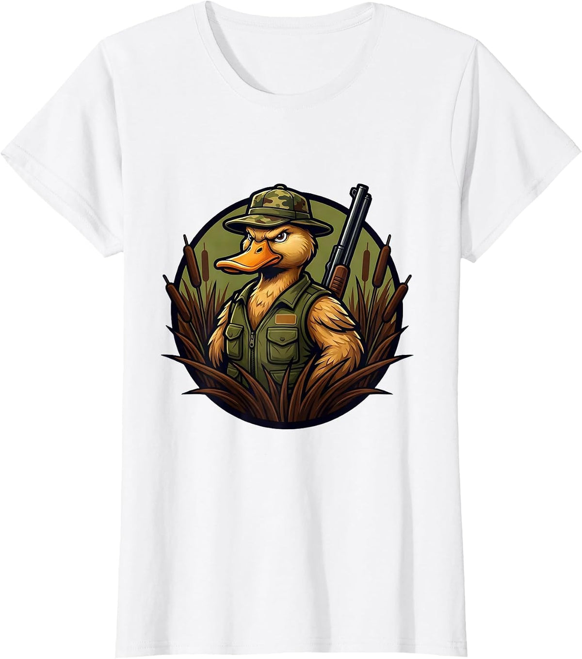 Duck Hunter Wading in Marsh Reeds Illustration T-Shirt - White