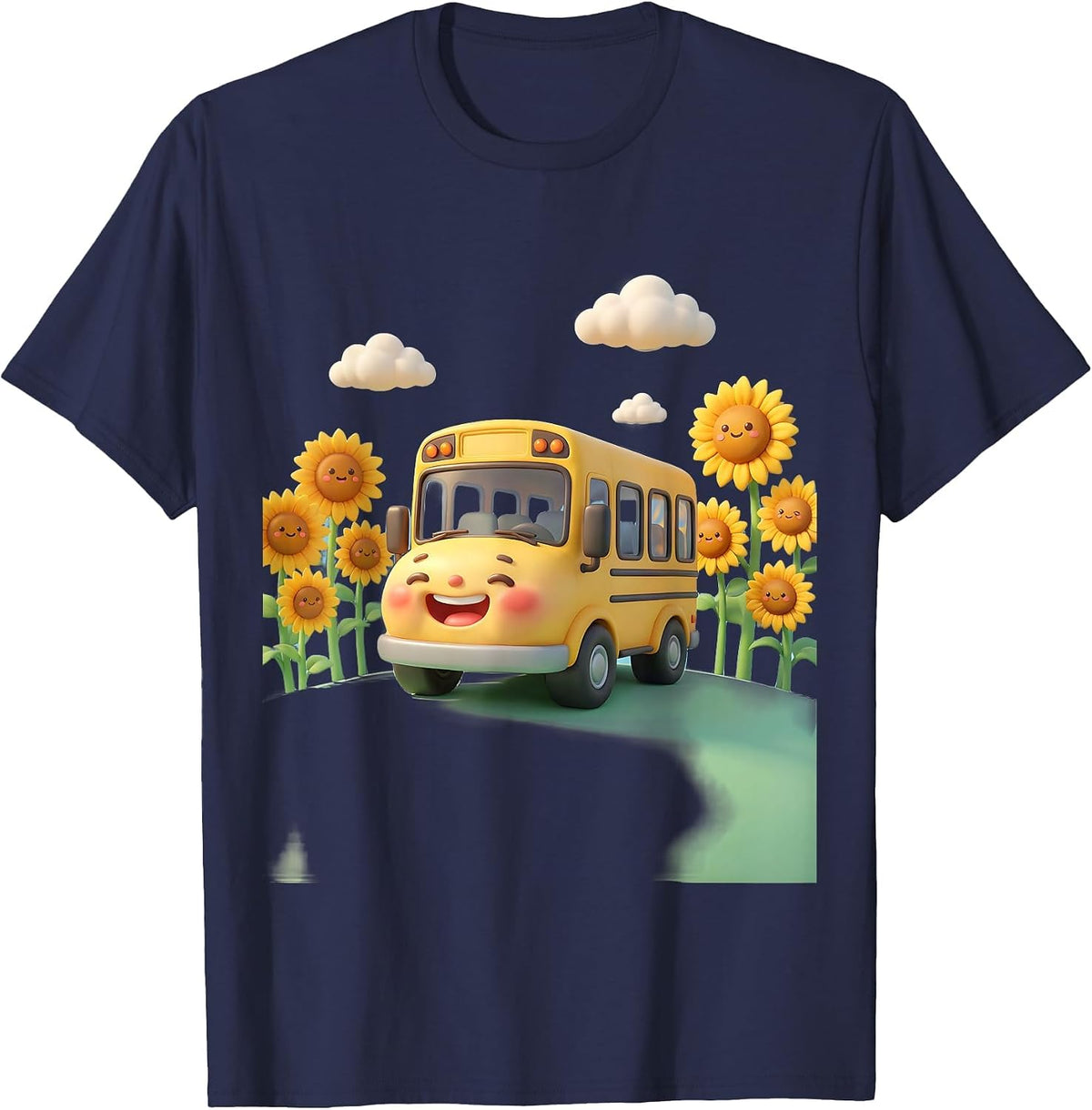 Men's Elementary Teacher School Bus Sunflower Field T-Shirt - Navy Blue