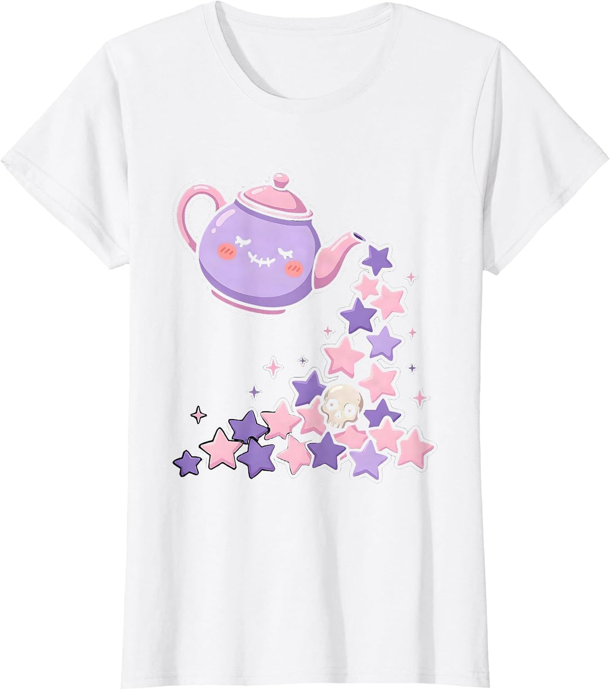 Women's Teapot Pouring Falling Stars Magical Illustration T-Shirt - White
