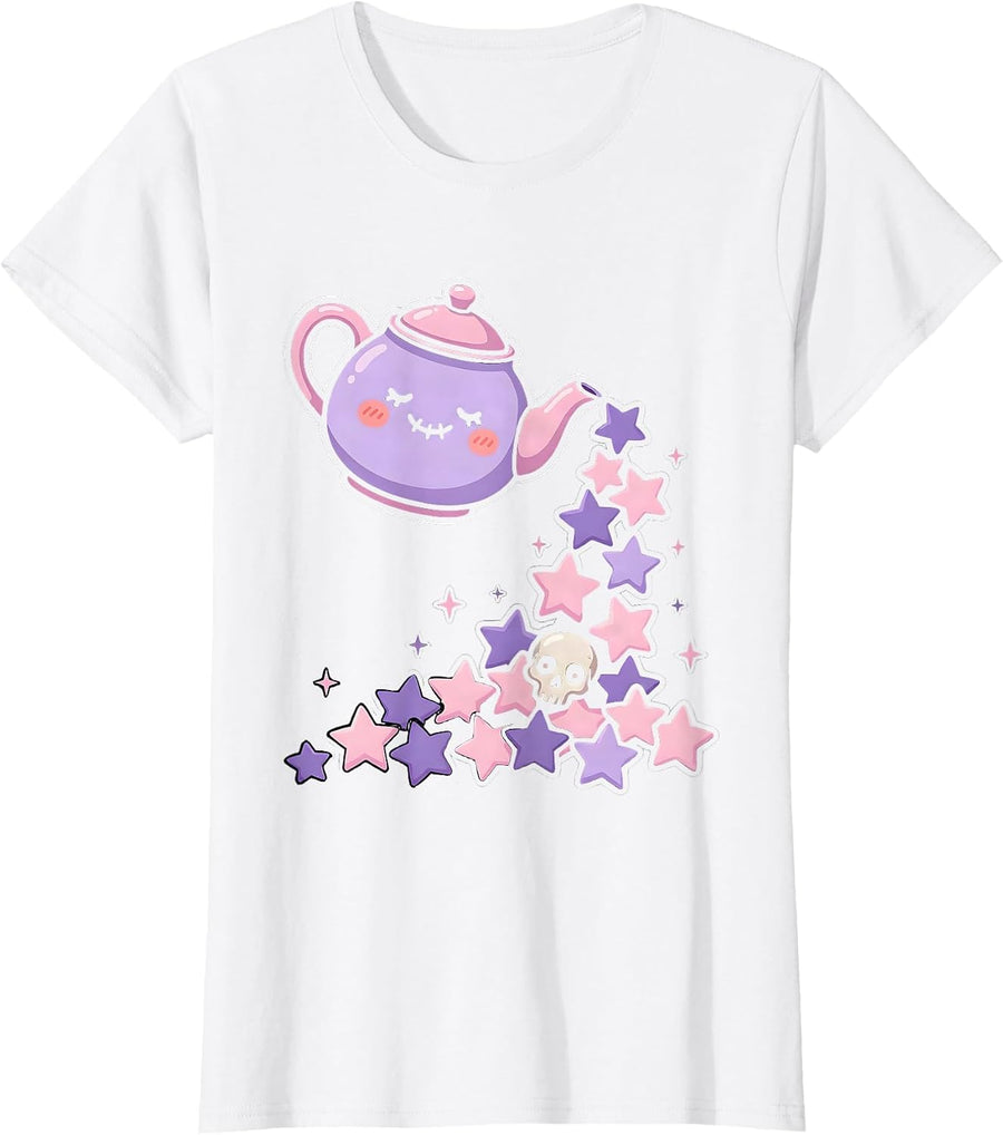 Women's Teapot Pouring Falling Stars Magical Illustration T-Shirt - White