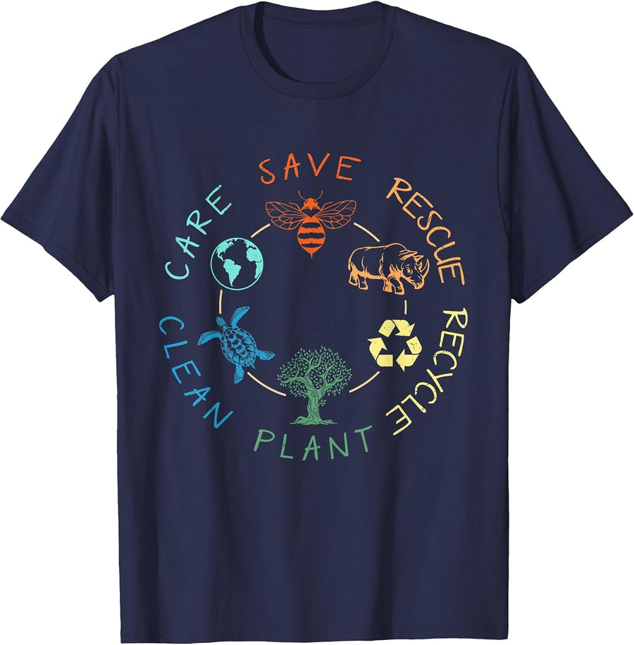 Save Bees Rescue Animals Recycle Plastic Earth Day T-Shirt - Navy Blue