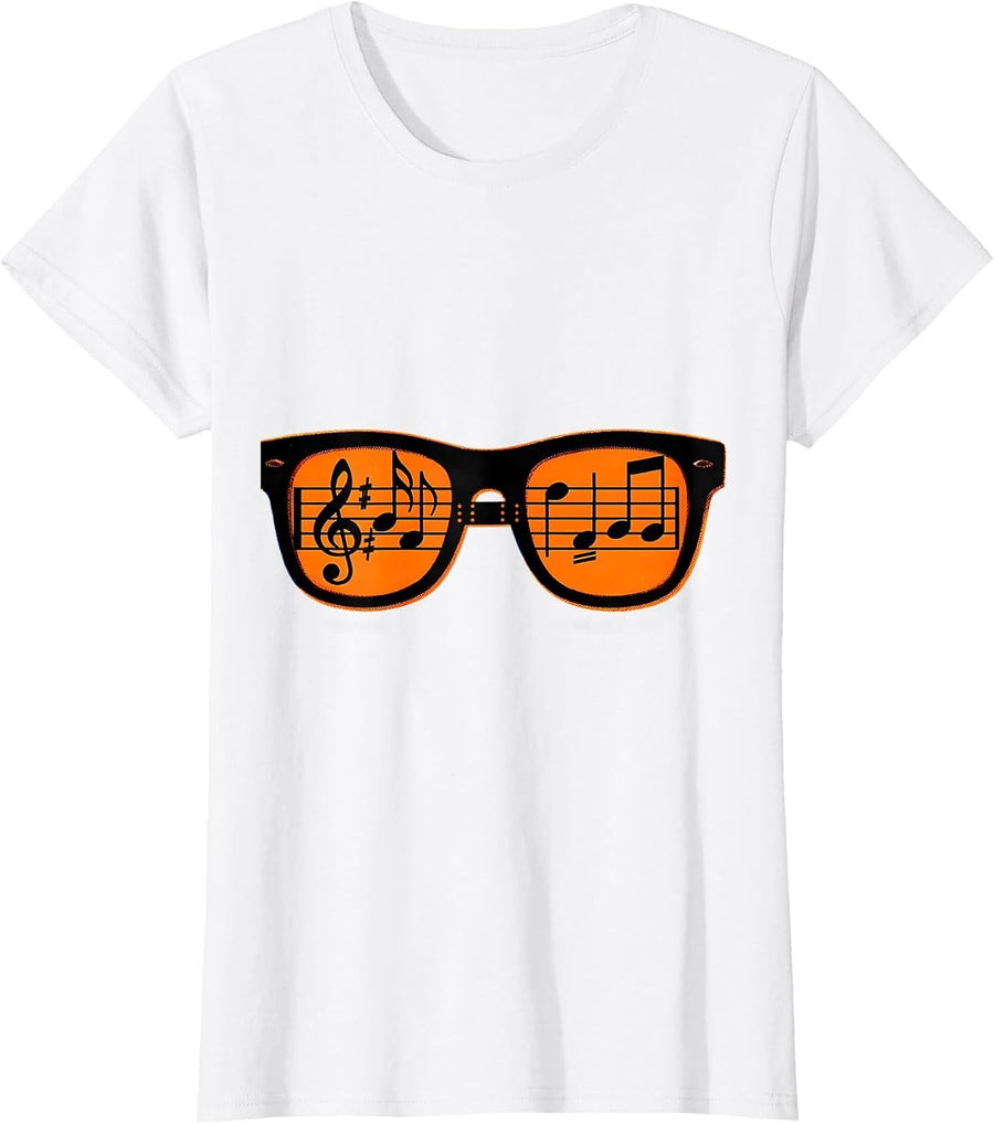 Women's Music Notes Spectacles Risograph Humor Musician Gift T-Shirt - White