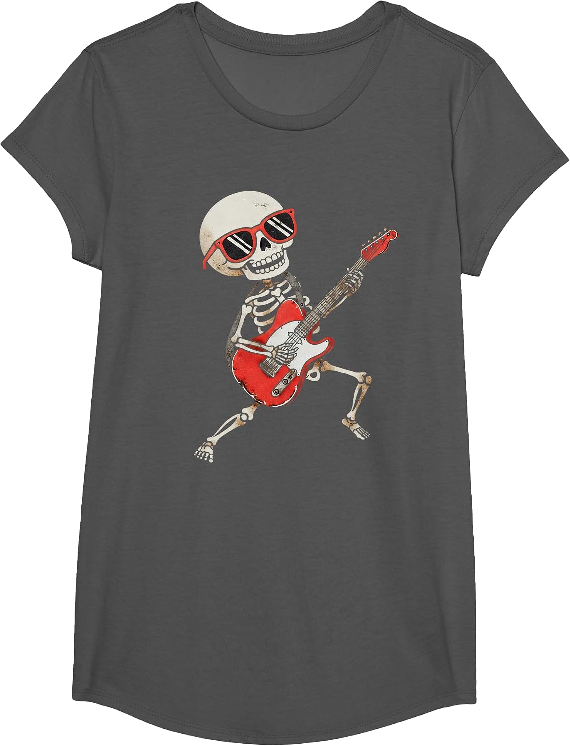 Funny Skeleton Playing Guitar Rock & Roll Boys Girls T-Shirt - Girls Asphalt Grey