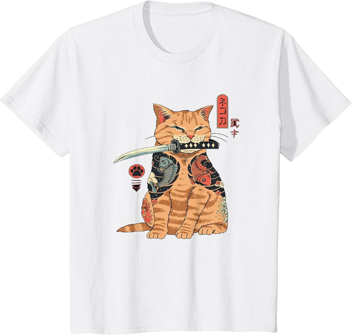 Japanese Samurai Ninja Cat Kawaii Tattoo Graphic T-Shirt - White