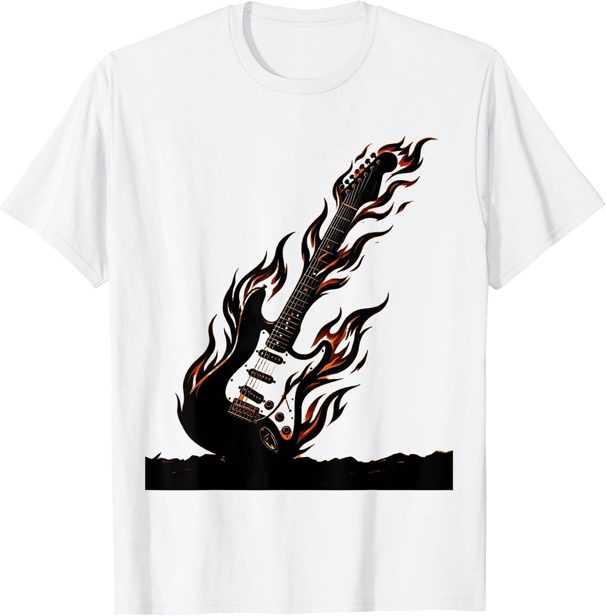 Men's Flaming Electric Guitar Rock Band Graphic T-Shirt - White