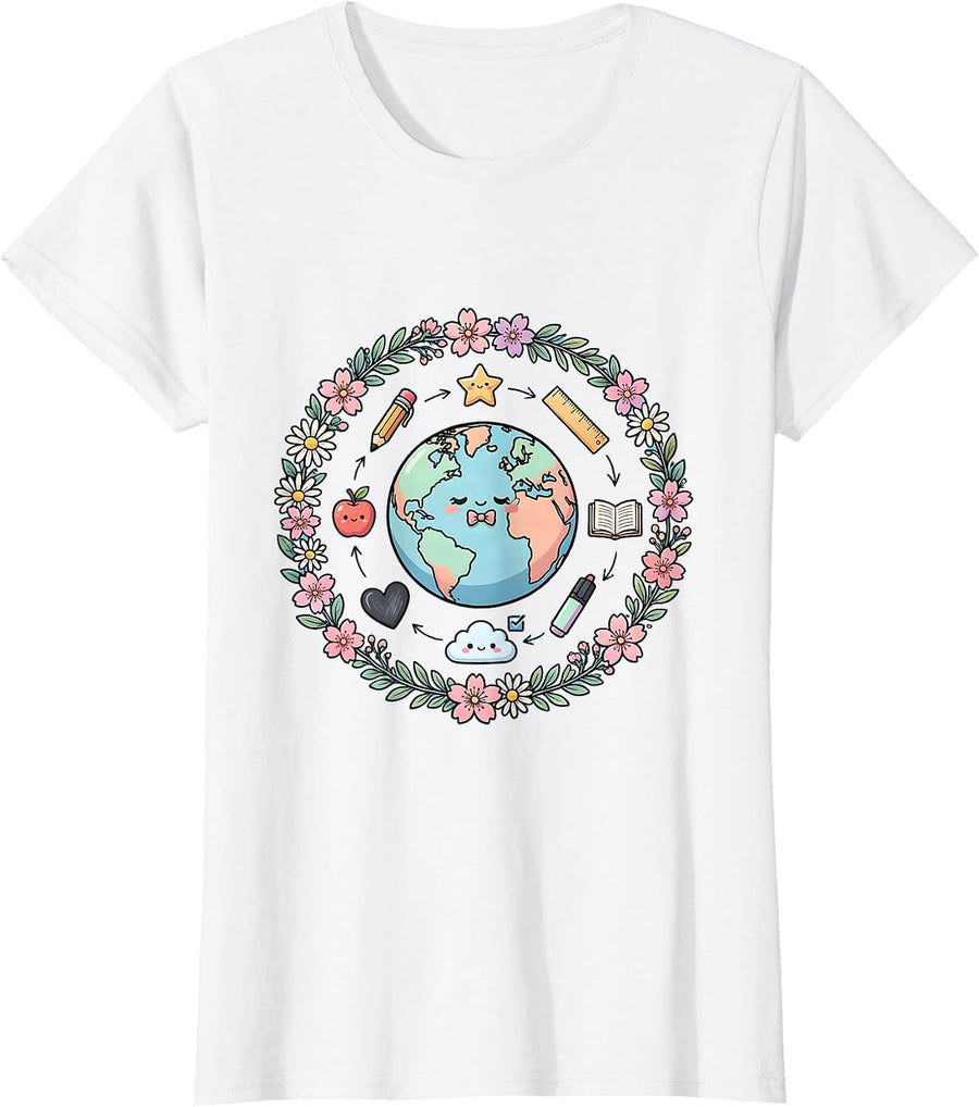 Women's Floral Globe Elementary Teacher Design T-Shirt - White
