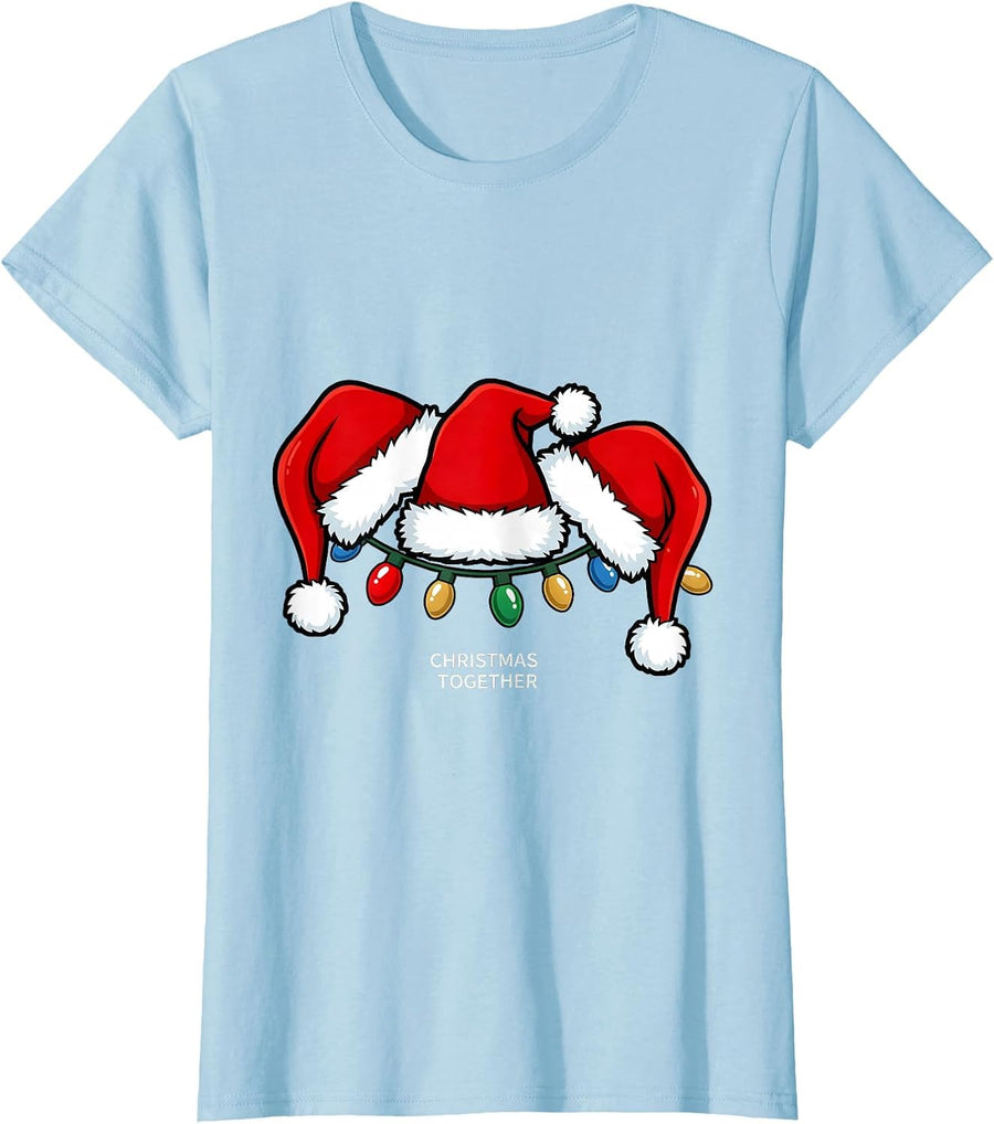 Women's Christmas Together Bold Santa Hat Lights Family Matching T-Shirt - Baby Blue