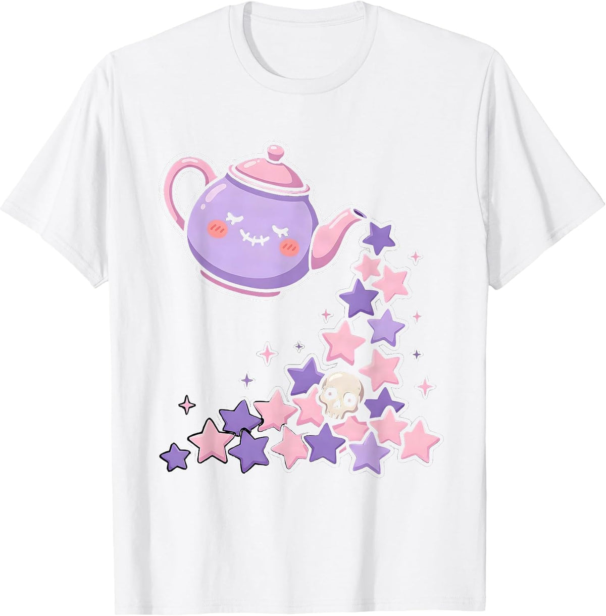 Men's Teapot Pouring Falling Stars Magical Illustration T-Shirt - White