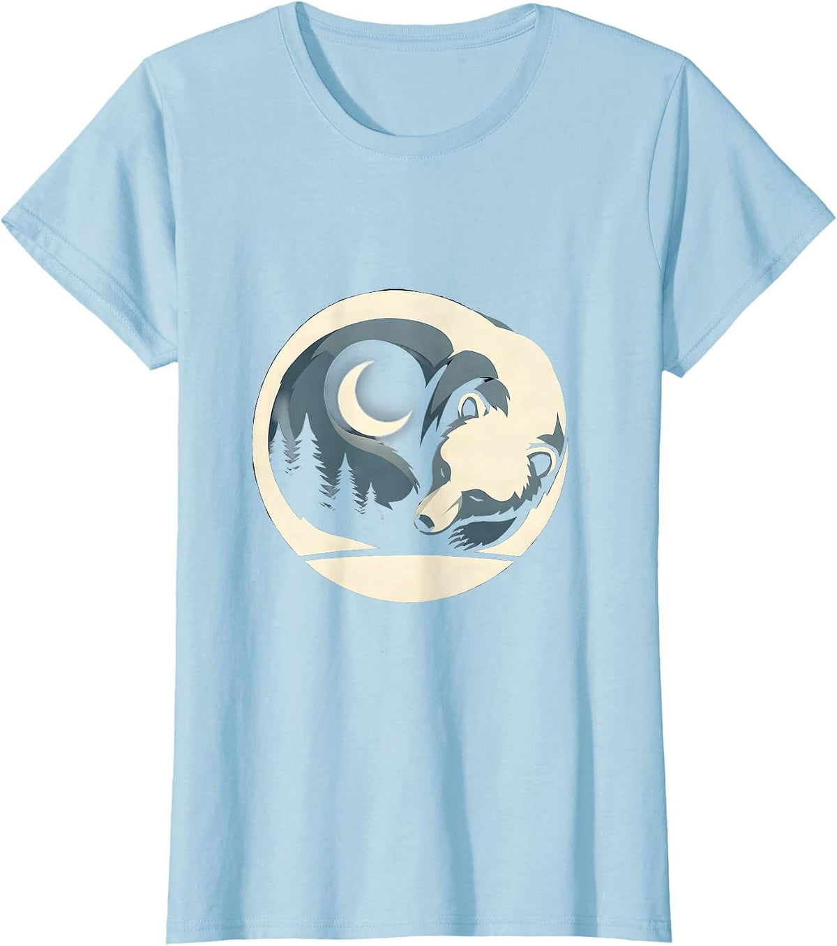 Women's Sleeping Bear Crescent Moon Celestial Night Art T-Shirt - Baby Blue