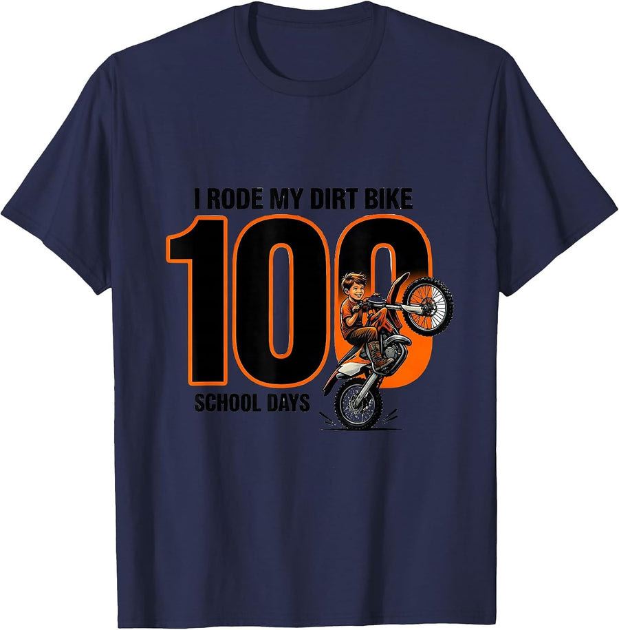 I Rode My Dirt Bike 100 School Days Funny Boys 100th Day T-Shirt - Navy Blue