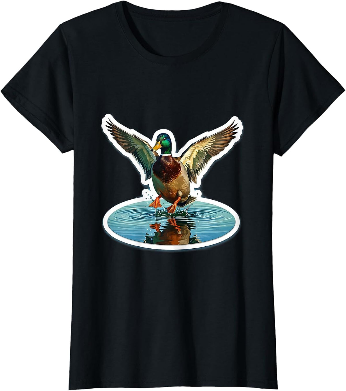 Mallard Duck Landing on Glassy Lake Illustration T-Shirt - Black