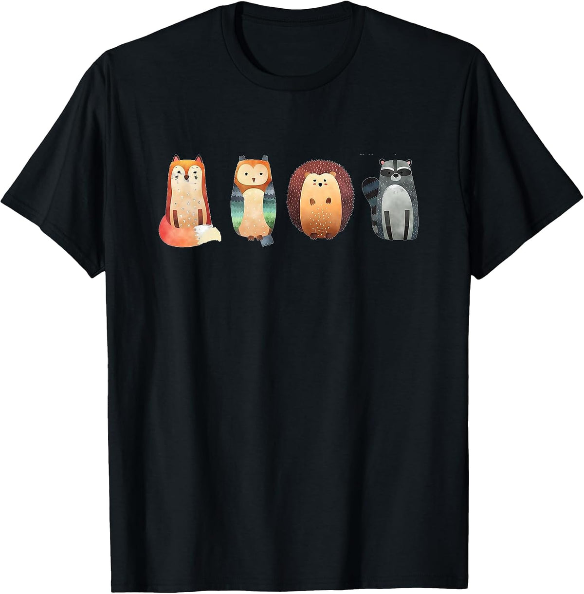Cute Woodland Creatures Fox Owl Hedgehog Racoon T-Shirt, Men, Black, Small - As Pictured