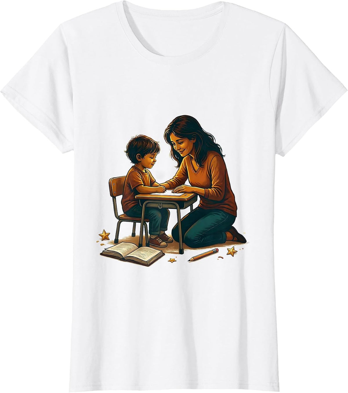Women's Special Education Teacher Kneeling With Student Desk T-Shirt - White