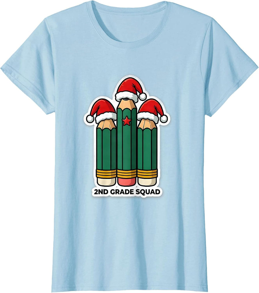 Women's 2nd Grade Squad Funny Classroom Teacher Christmas Humor T-Shirt - Baby Blue