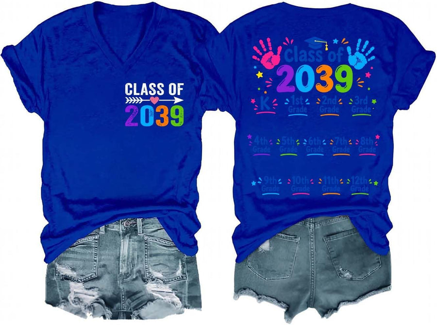 Class of 2039 Grow with Me Shirt School Graduation Student Teacher Mom Tee - V-Neck Royal Blue-1