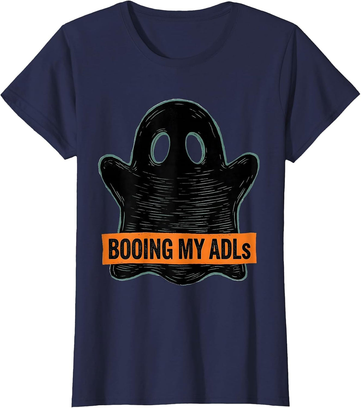 Women's Booing My ADLs Funny Occupational Therapy Halloween Work T-Shirt - Navy Blue