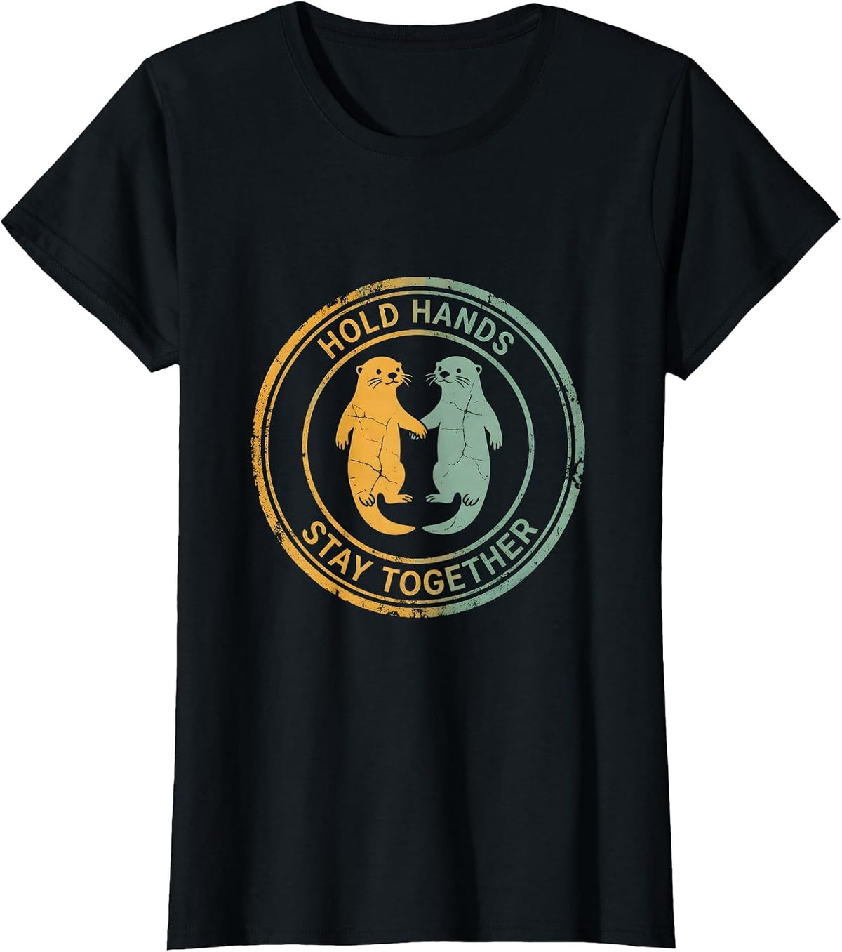 Women's Otter Hold Hands Stay Together Design T-Shirt - Black