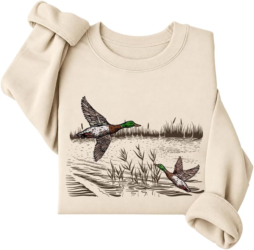 Mallard Duck Sweatshirt Flying Mallards Duck Hunting Season Sweatshirts - Crew Neck Creamy Yellow-3