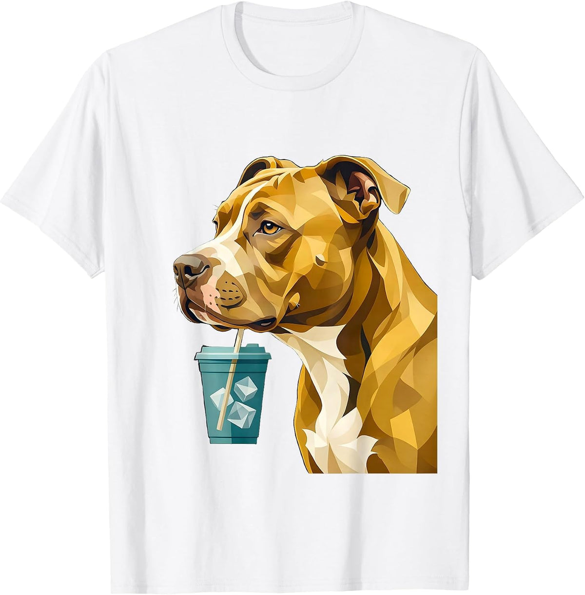Pitbull Drinking Iced Coffee Midcentury Modern Humor T-Shirt - White