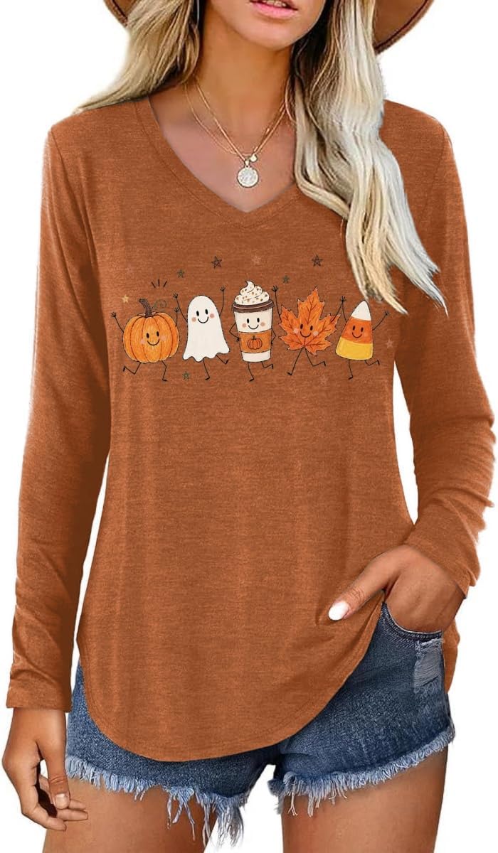 Womens Halloween Thanksgiving Christmas Graphic Long Sleeve Shirt - Brown-12