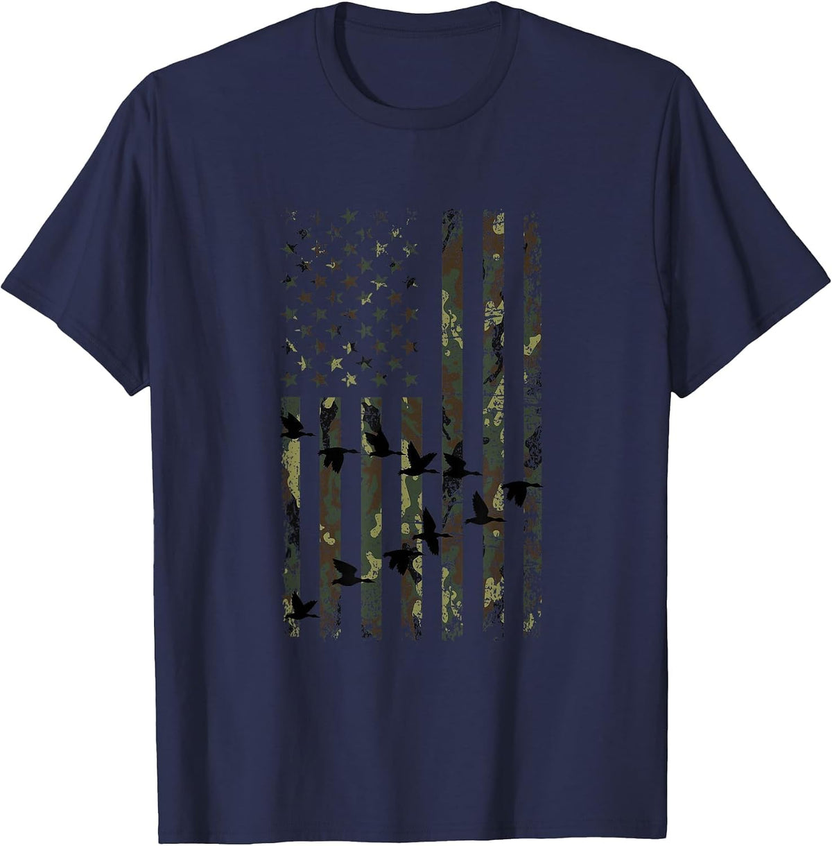 Duck Hunting Camouflage Flag Hunter American Flag Hunting T-Shirt - Navy Blue