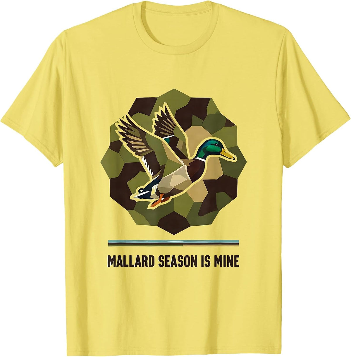 Men's Mallard Season Is Mine Geometric Camo Hunter Duck Hunting T-Shirt - Lemon Yellow