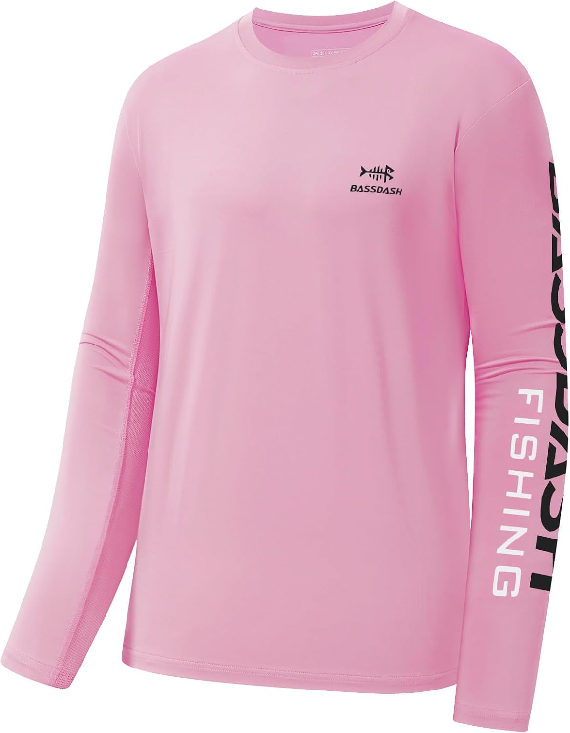 BASSDASH Fishing T Shirts for Men UV Sun Protection UPF 50+ Long Sleeve Tee T-Shirt - Light Pink\/Black Logo
