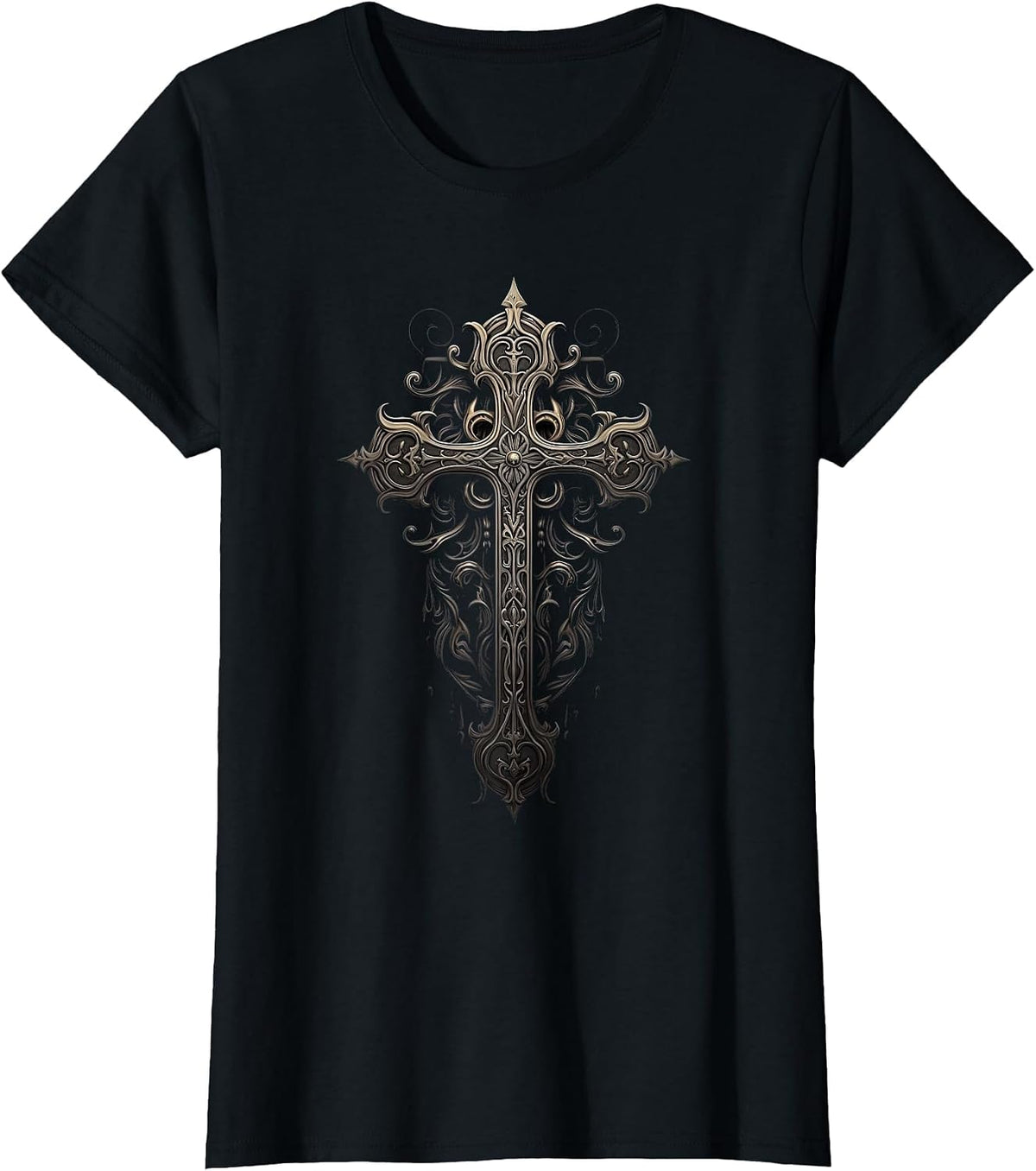 Gothic Cross Goths Design Filigree Victorian Cross T-Shirt - Black